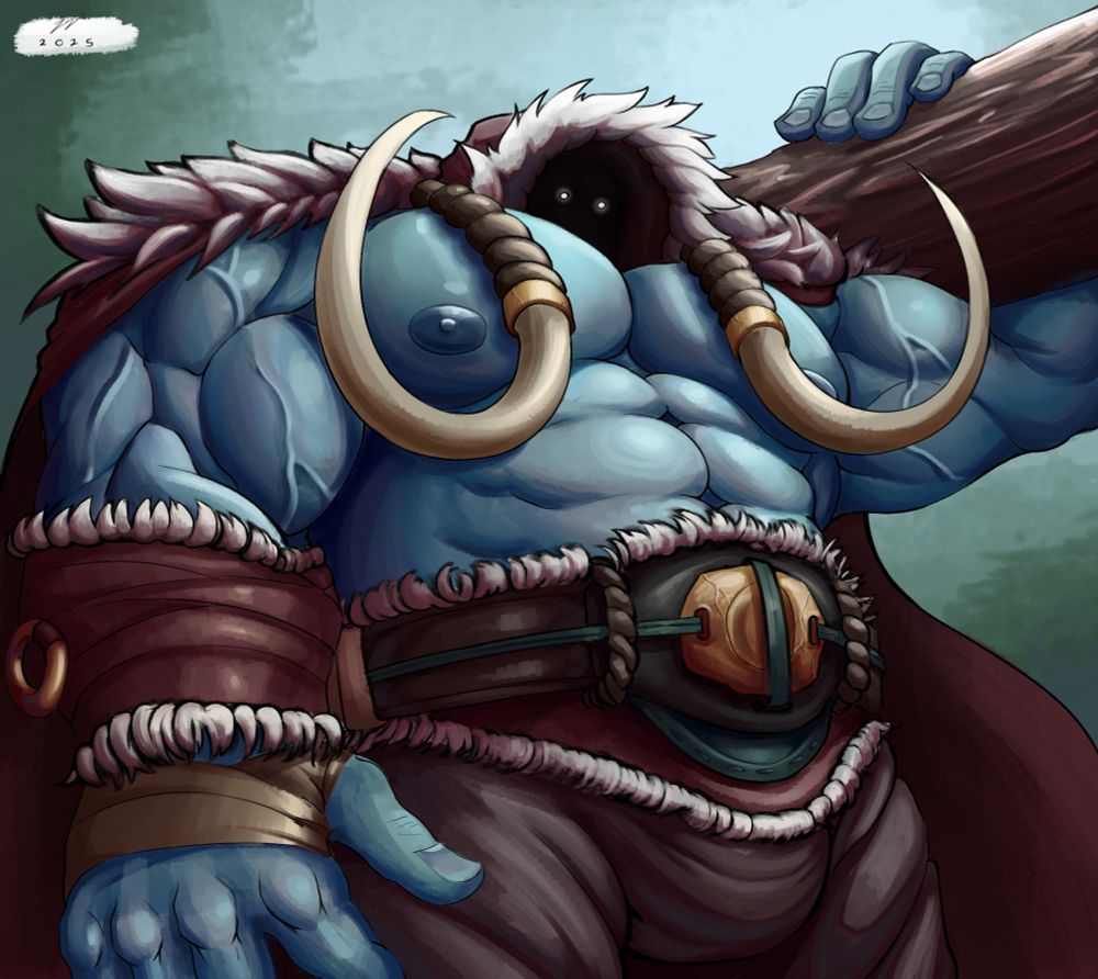 a muscular frost giant wearing a red cloak with an obscured face. he carries a red log
