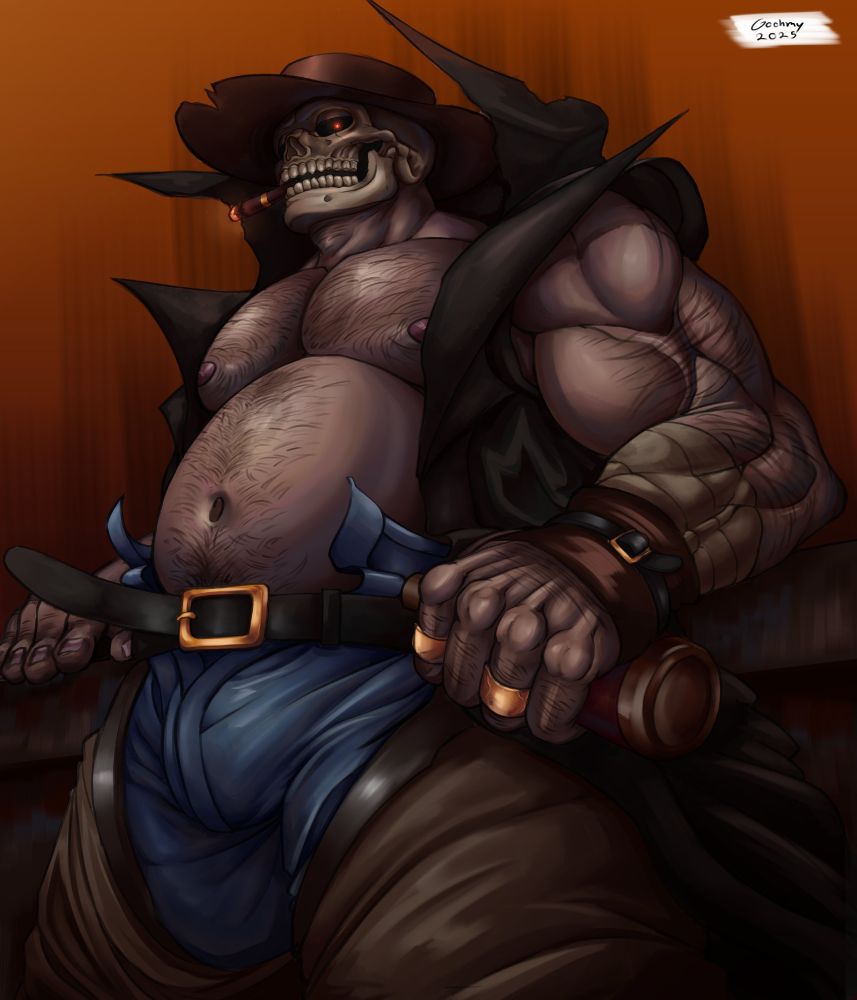 a cowboy with a hairy, muscular build and a large beer belly. he has a skull for a head and is holding a beer bottle while smoking a cigar. he is wearing a black trench-coat, bluejeans, and brown chaps.