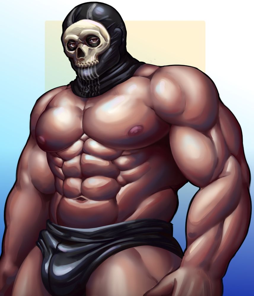 ghost from the game modern warfare 2. he is wearing a black balaclava with a skull mask and black underwear. he has a muscular build
