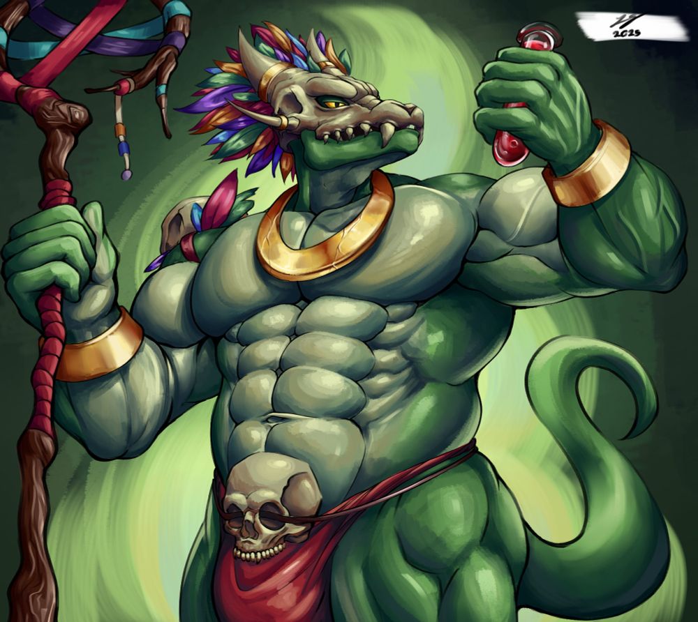 the witch doctor, a muscular lizard man, from the game Terraria holding a wooden staff and a red potion. He's wearing a skull with many feathers of differing colours, a red loin cloth decorated with a skull, as well as many golden accessories. 