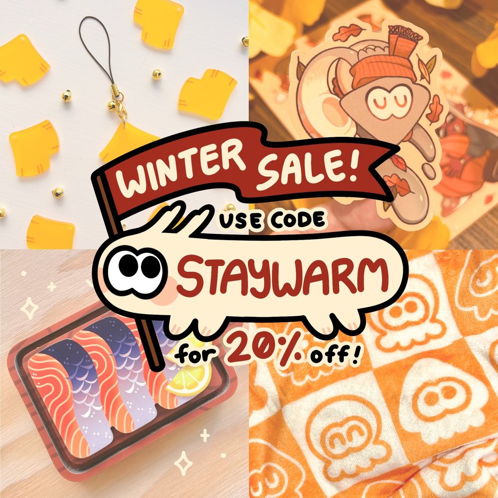 Winter Sale for my shop! Products shown in the image include: gingko leaf acrylic charm, scarf-wearing splatoon inkling sticker, wooden salmon fillet fridge magnet, and an orange blanket with a checkered pattern of inklings and octolings from splatoon.