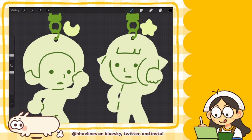 drawing stream with a sketch of a merch idea: splatoon charms that look like smiskis