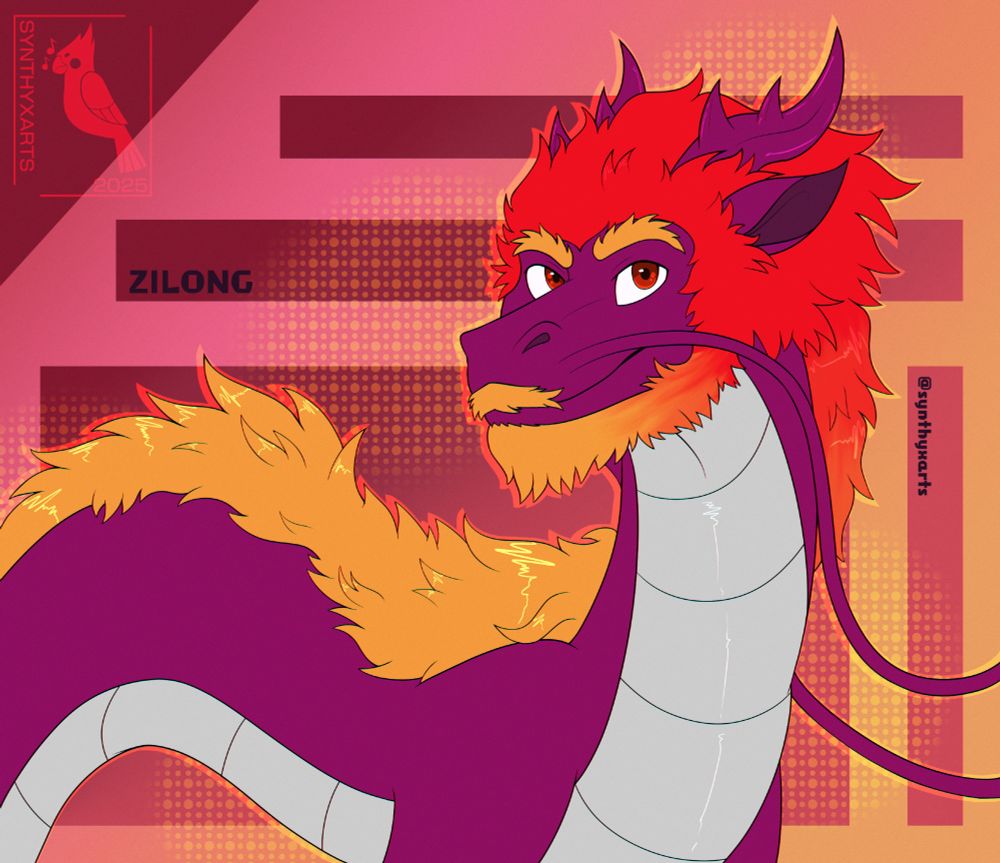 A purple eastern dragon with a red mane, gold-colored dorsal fur, a beard with a gradient, and purple whiskers