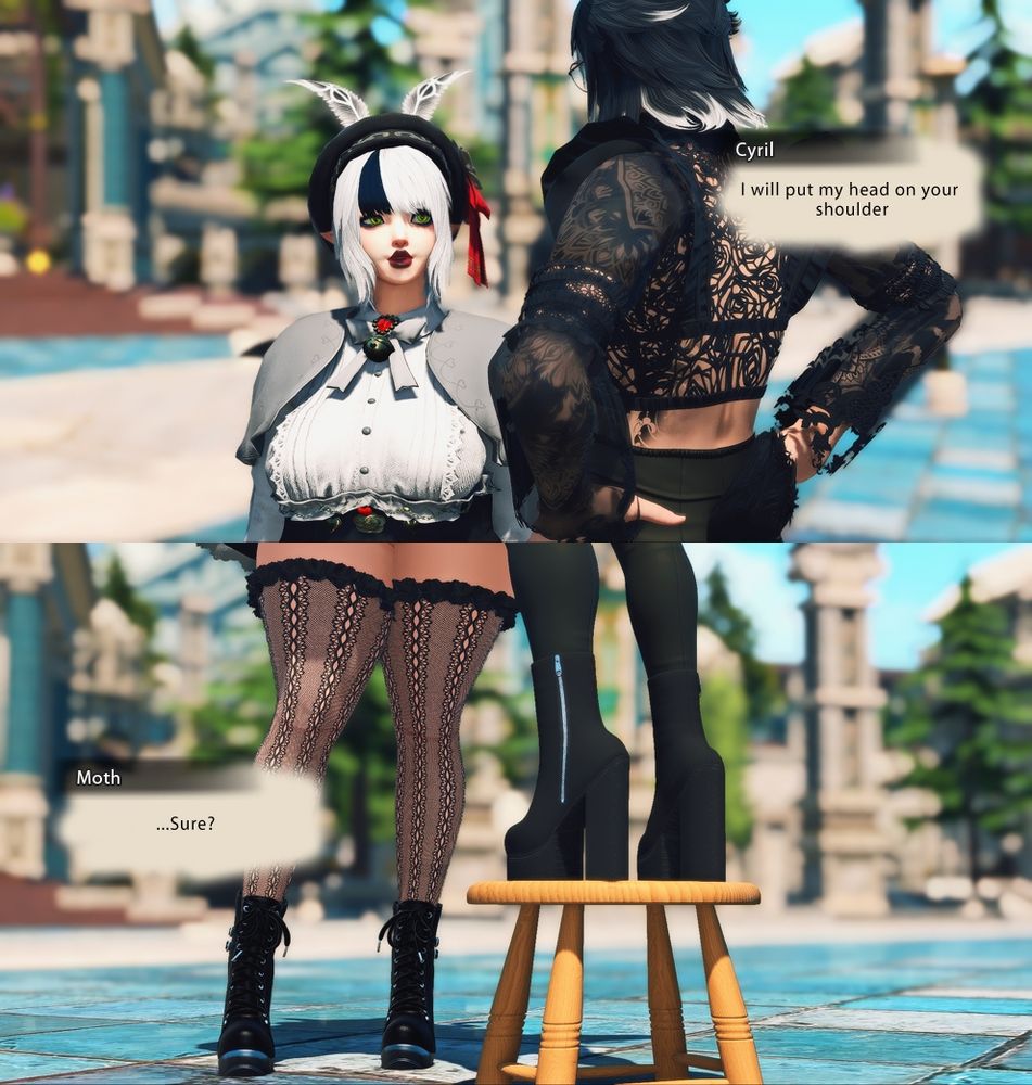 Cyril looking significantly taller than usual, stands confident as they say 'i will put my head on your shoulder'' while a confused Moth stares at them.

''Sure..?'' they respond as it's revealed that Cyril standing ontop of a stool this entire time to reach Moth's height.