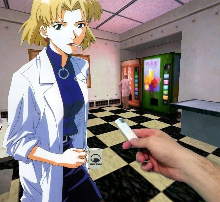uma montagem da Doutora Ritsuko Akagi no refeitório do laboratório Black Mesa de Half-Life, sendo oferecida um isqueiro por uma mão fotorrealista.