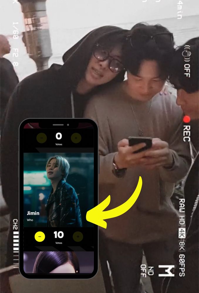 Jhope’s recent story post showing Jimin on his phone as Namjoon leans on his shoulder. A phone showing the VMA’s voting page is edited onto the image.