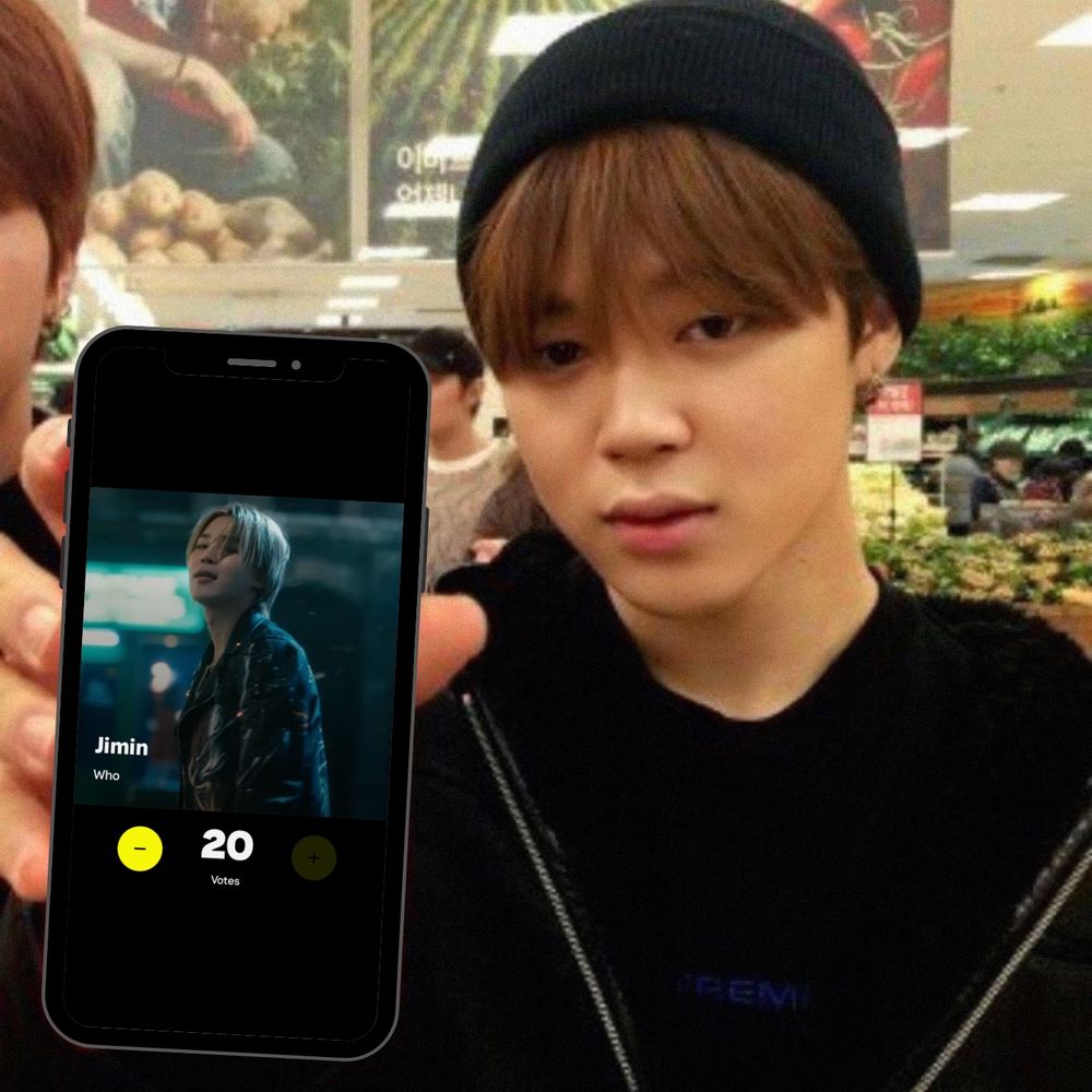 Early Jimin pic with brown hair and a black beanie and jacket at a grocery store with Jin holding up a phone with the VMA’s voting page edited onto it.