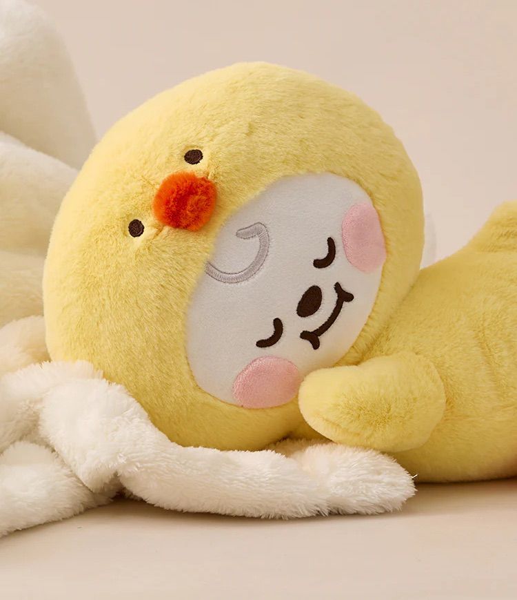 Chimmy in a duck costume sleeping in the same position