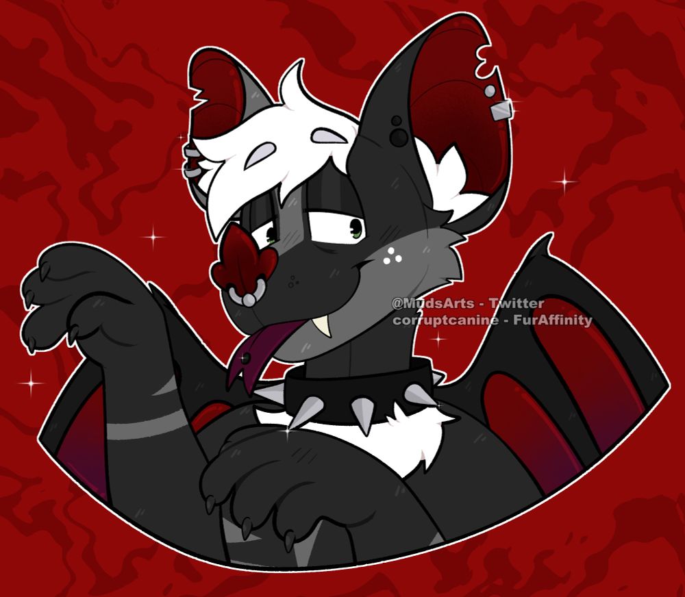 Digital art of an anthro bat. Grey tones, with white hair and red accents. He sticks his tongue out, and holds both paws up like a vampire or other horror creature might do.