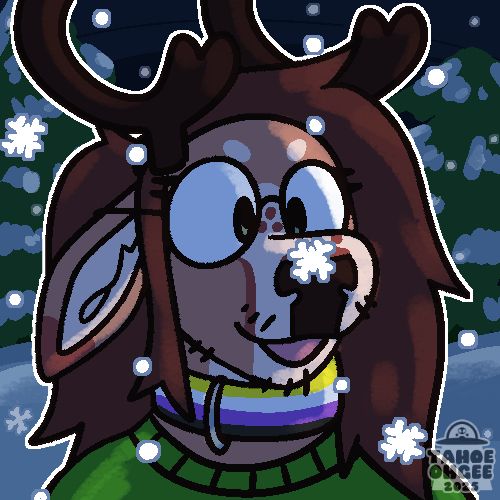 Digital art of a reindeer furry (any pronouns) standing in a snowy pine tree forest at night, watching the a snowflake fall onto their nose.