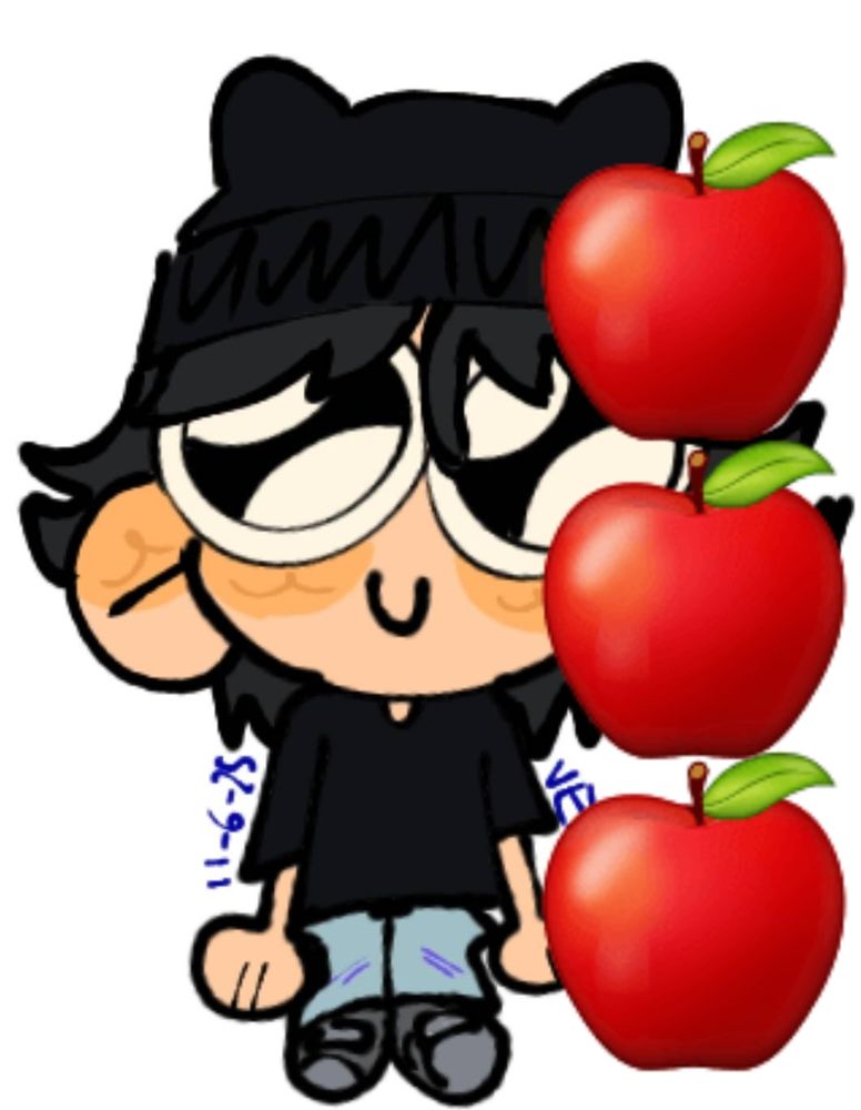 a doodle of jungkook with huge puppy eyes, he's wearing a black bunny/cat eared beanie, is wearing a black shirt and blue baggy jeans. and light grey shoes. there's 3 red apple emojis next to him