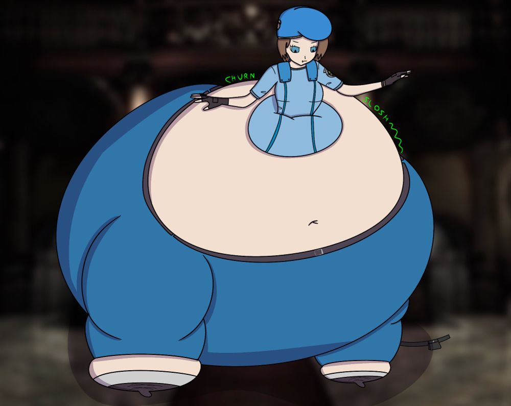 Jill Valentine from Resident Evil (specifically in her outfit from the first game) with a big monobutt, as she looks down at herself with annoyance. She’s trying to balance herself, with her utility belt having fell to the floor due to not being able to fit her anymore. She’s in the Entrance Hall of the Spencer Mansion.