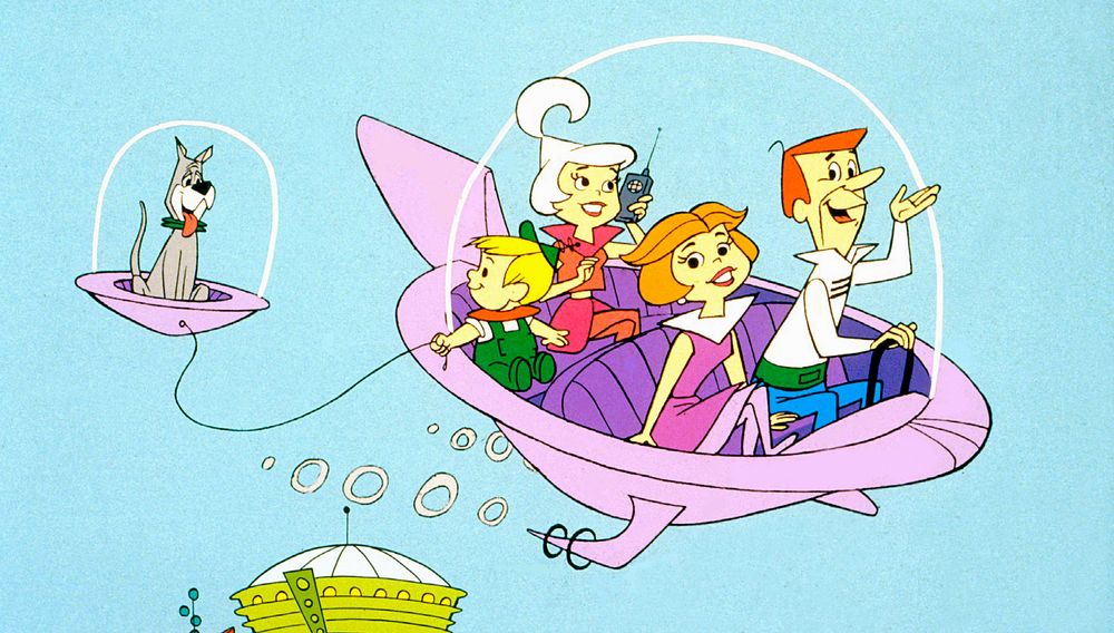 The Jetsons flying in their car, with their dog in his own car out the back