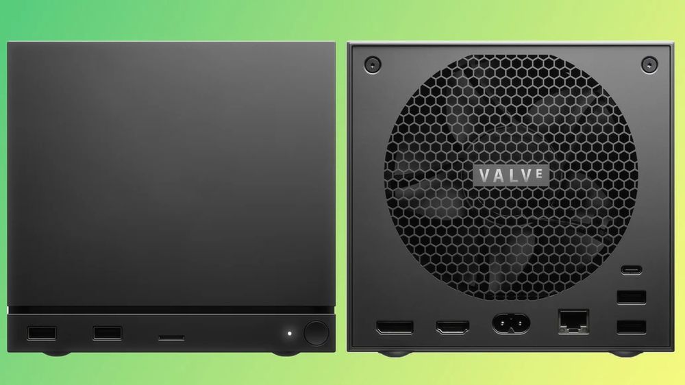 A black cuboid PC gaming machine seen from two angles.