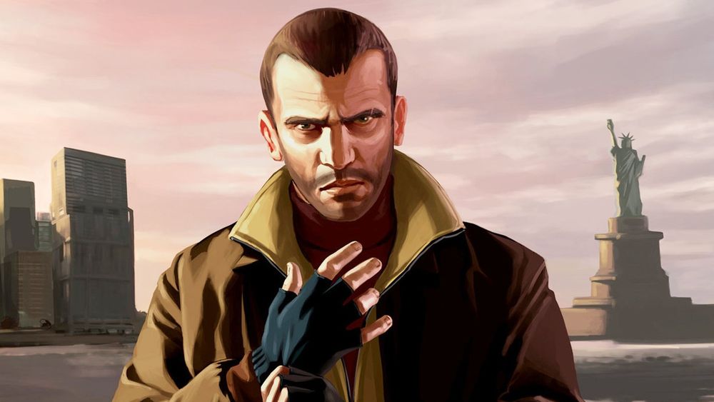 Nico from GTA4 stands in front of Liberty City