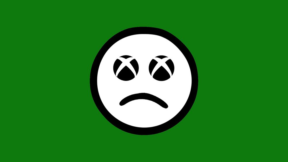 A sad face emoji with two Xbox X symbols for eyes, on an Xbox Green background.