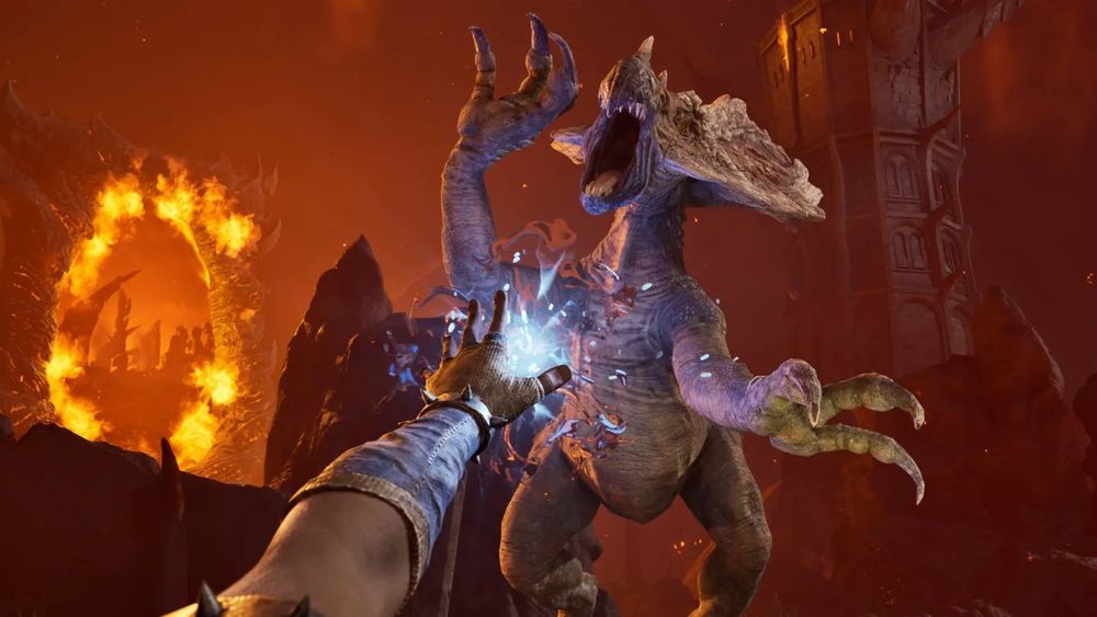Oblivion Remastered screenshot showing a character reaching the arms towards a dragon like creature attacking them. There is a fiery portal in the background  