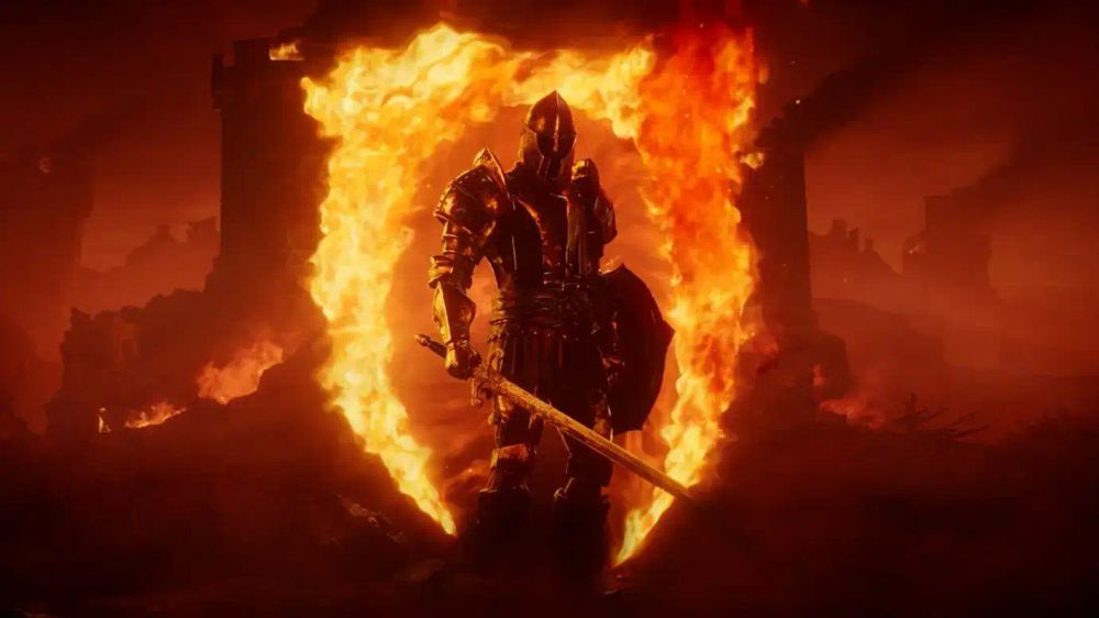 Oblivion Remastered loading screen, a knight in front of a fire symbol