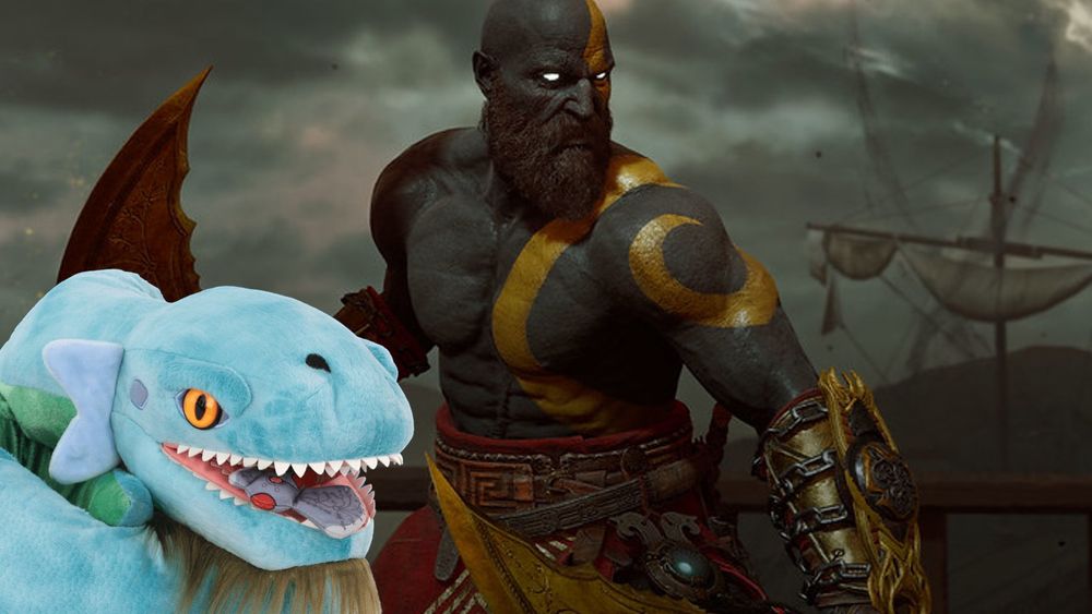 God of War Ragnarök screenshot showing Kratos' Dark Odyssey appearance, with the Jörmungandr plushie peeking in from the left.