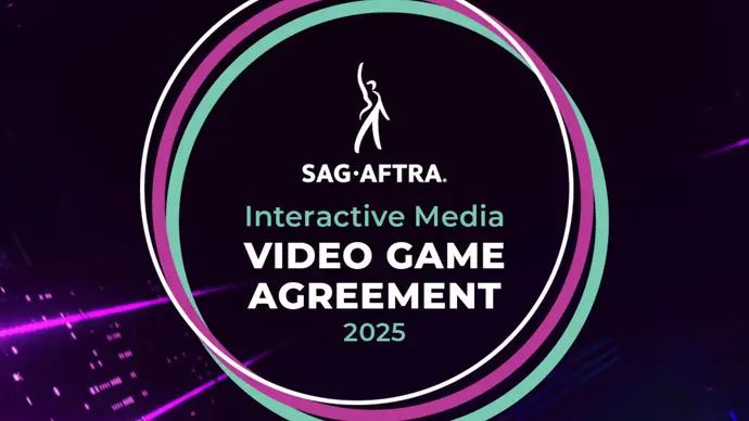 Logo for SAG-AFTRA's 2025 Video Game Agreement with purple and green circular swirl