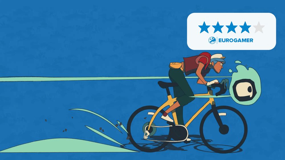 Wheel World key art showing a cyclist dashing left to right closely following a little ghostly skull, against sky blue wash of a background. Eurogamer 4/5