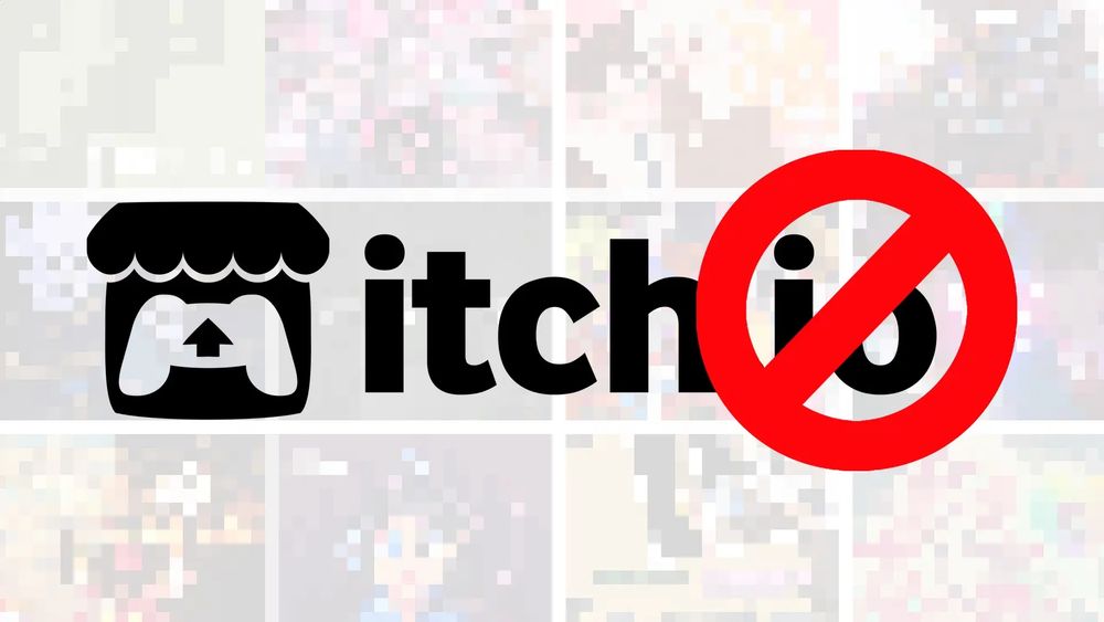 Image of the itch.io logo with a red crossout over the .io portion, pixelated games behind