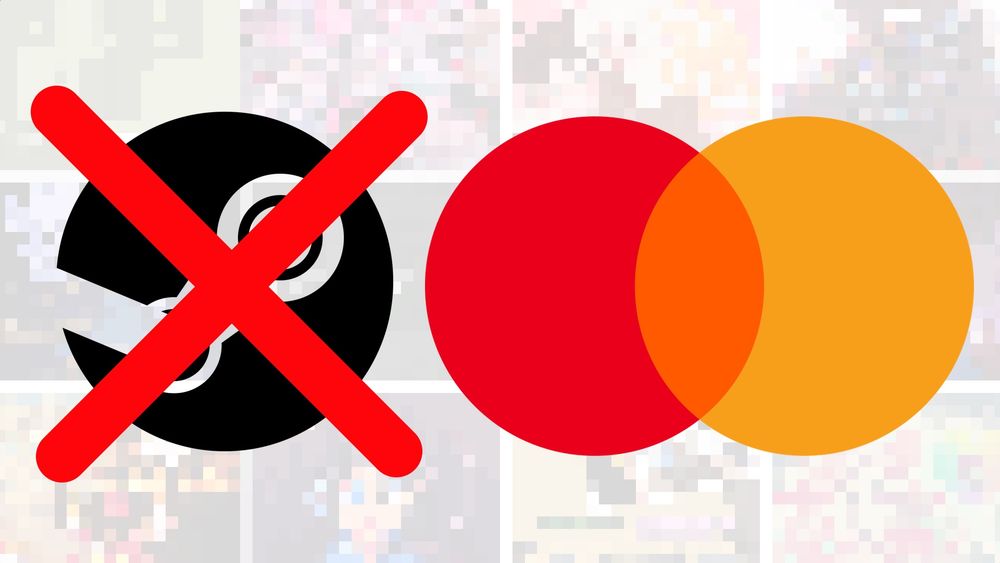 Steam logo with a red cross through it and the Mastercard logo to the right.