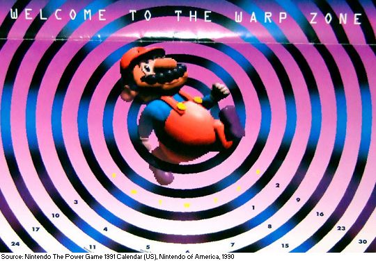 A photo from a Nintendo Power calendar from 1991. A strange 3D recreation of Mario is jumping in the middle of the page, surrounded by pink and black swirls. At the top it reads "WELCOME TO THE WARP ZONE". The whole image has a strange and off-putting vibe.