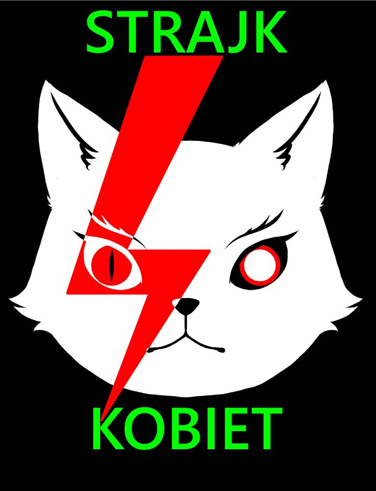 rysunek głowy kota z czerwoną błyskawicą i napisem „Strajk kobiet”
Drawing of a cat's head with a lightning and words "Strajk kobiet" (Women's strike).
