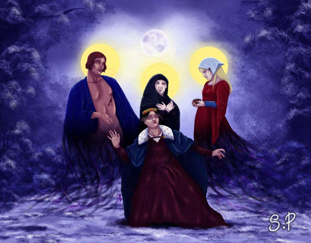 Illustration inspiré de la pièce de théâtre Balladyna. Représentant au 1er plan la reine Balladyna à genoux, hantée par trois fantômes qui se tiennent derrière elle (de gauche à doite son amant, sa mère et sa soeur) dans un paysage de forêt nocturne.