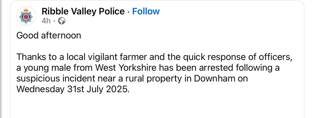 Social media post from Ribble Valley Police making a point of telling us a criminal in Downham (lovely village, where they filmed Whistle Down The Wind) was from just over the border. BLOODY YORKSHIRE.