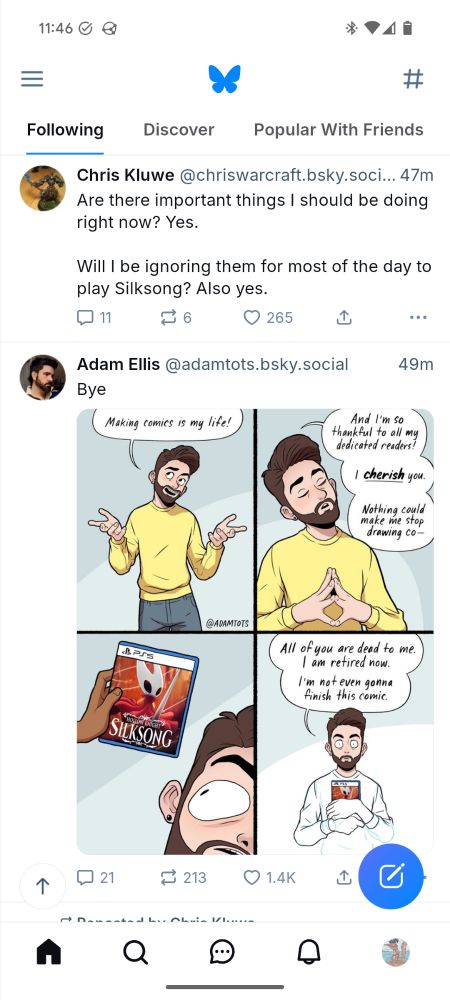 Screenshots of two unrelated accounts I follow both posting about how they will be neglecting their responsibilities to play the same video game.  