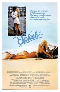 Daryl Hannah lying on a beach with an orange mermaid tail. A picture of her and Tom Hanks kissing in NYC overlaid on top corner. 