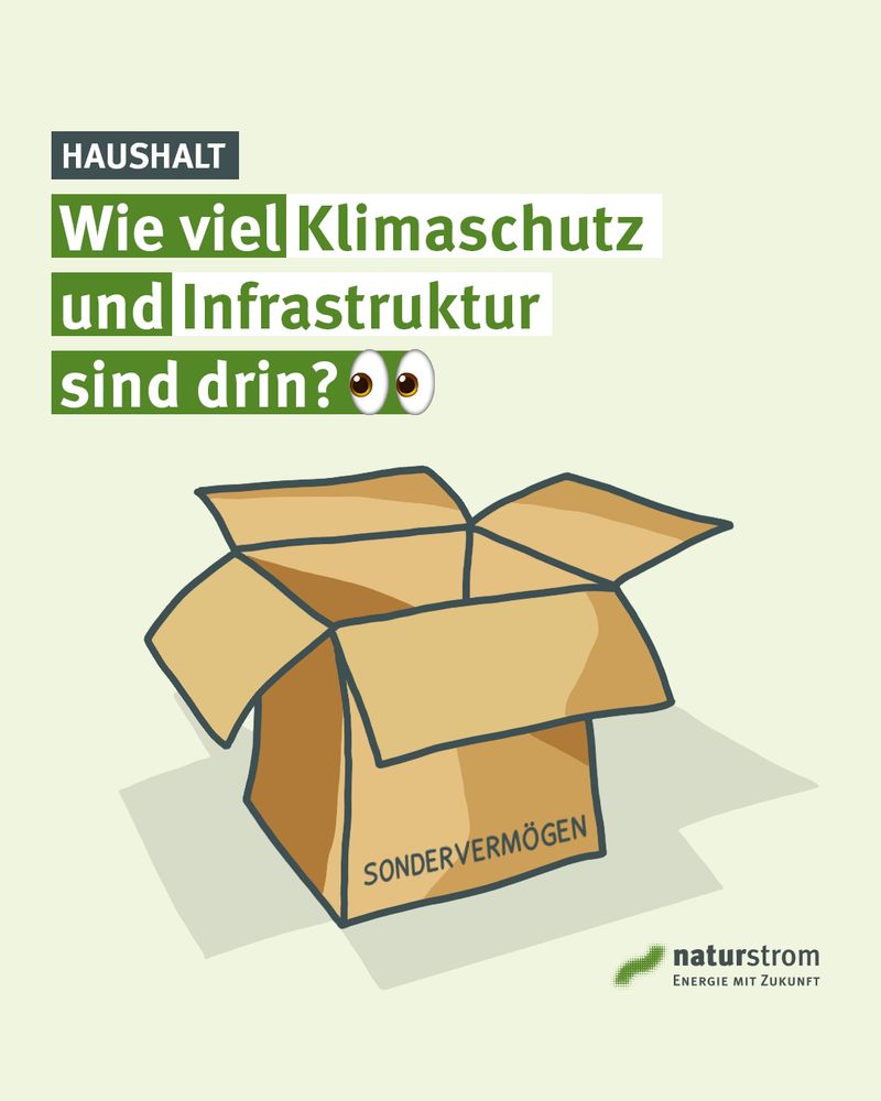 Das Bild zeigt eine gezeichnete, geöffnete Pappbox, auf deren Vorderseite das Wort „Sondervermögen“ steht. Über der Box befindet sich ein großer Textblock in Grün und Weiß. Oben links steht in einem dunklen Kasten „HAUSHALT“. Darunter liest man in großen, teils grünen, teils weißen Buchstaben:
„Wie viel Klimaschutz und Infrastruktur sind drin?“, gefolgt von einem Emoji mit zwei weit geöffneten Augen.

Rechts unten befindet sich das naturstrom-Logo mit dem Slogan „Energie mit Zukunft“. Der Hintergrund ist hell und schlicht gehalten.