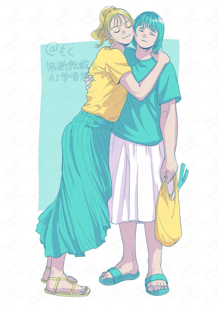 頬と頬をくっつけ合う二人組。
相手の肩と背中にそれぞれ手を置いている。