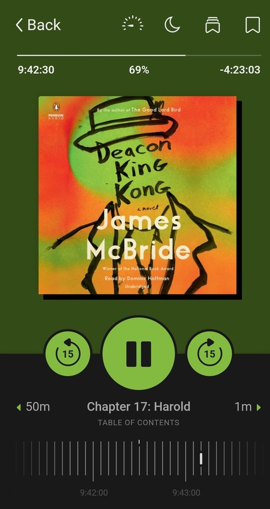 Screenshot of the audiobook "Deacon King Kong" by James McBride in the Libby app.