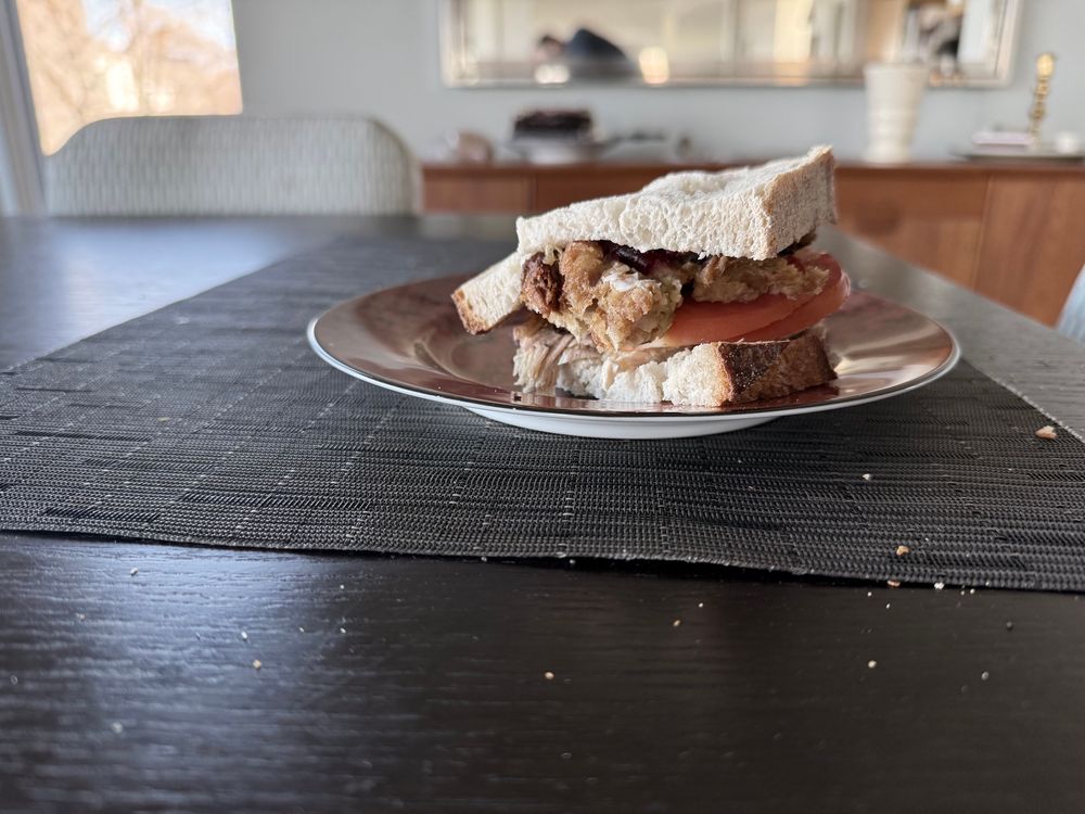 A thanksgiving leftovers sandwich in profile and macro view, with stuffing falling out of the crusty bread and some mayo apparent