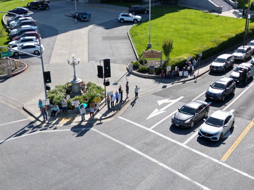 Drone photo of about 20 protesters on a street corner in Auburn CA