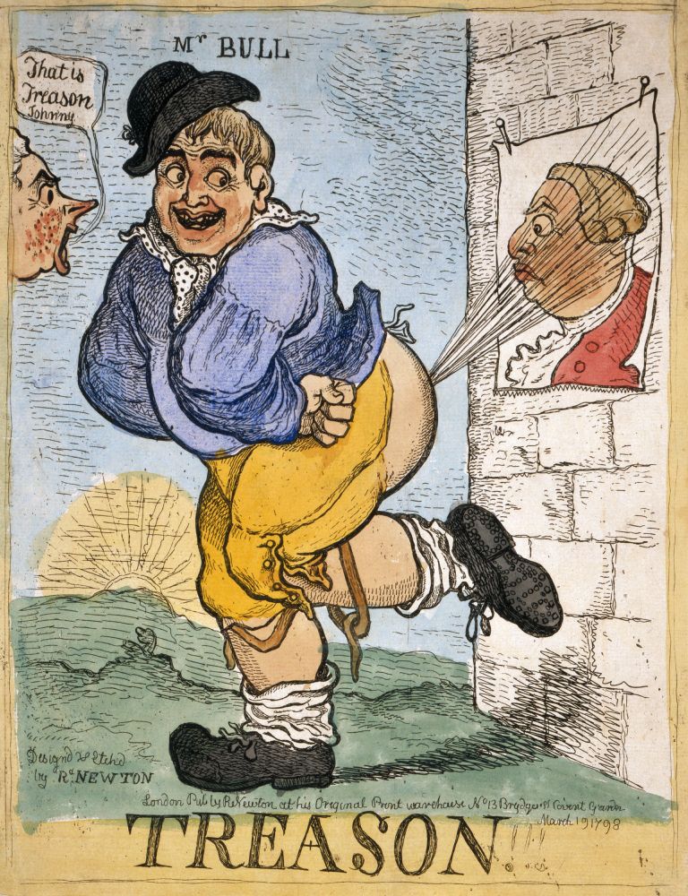 "John Bull explosively farts at a poster of George III, as an outraged William Pitt the Younger chastises him." John Bull here is depicted as a massive well-arsed man wearing yellow pantaloons, a blue shirt and a white tie.