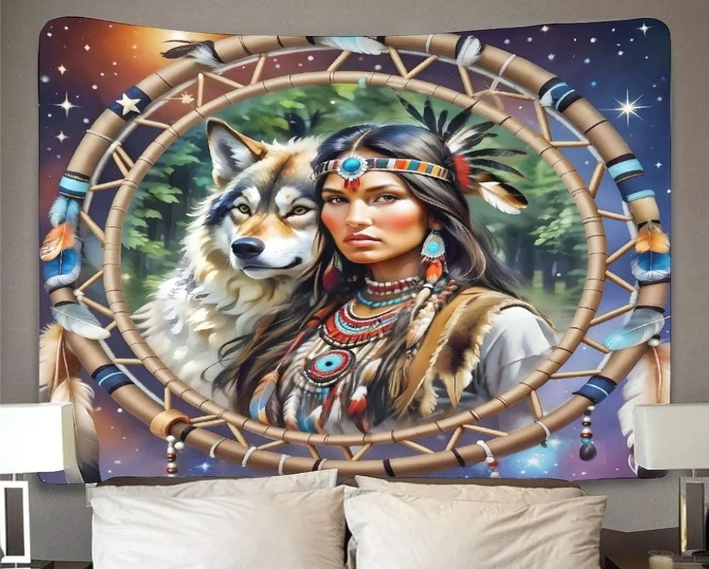Native Indian Woman with Wolf wall art inside dream catcher. Honouring Haudenosaunee Ancestors.