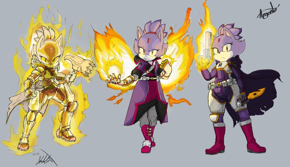 Blaze the Cat from Sonic the Hedgehog, dressed as the 3 classes from Destiny, drawn by @Argento.bsky.social, colored by @jm3va.bsky.social