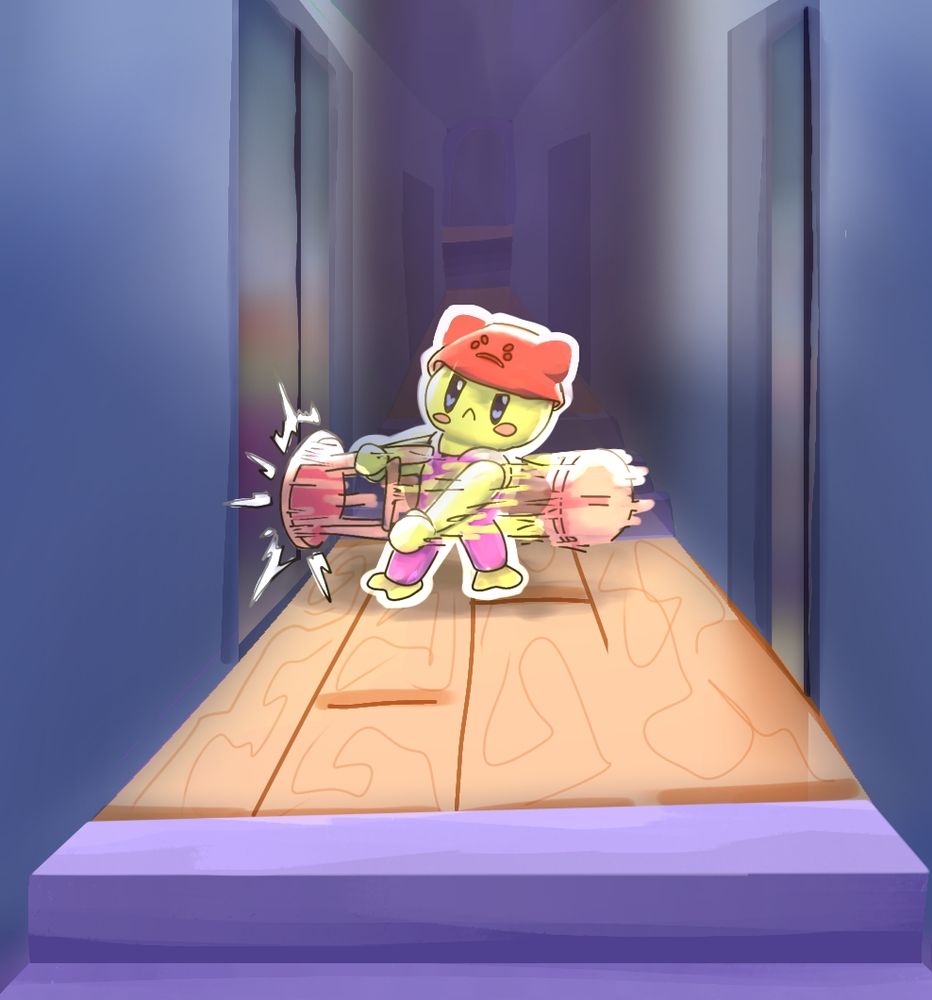 Uma sala humanoide baixinha de jardineira rosa e toca vermelha, batendo violentamente em uma porta metálica.