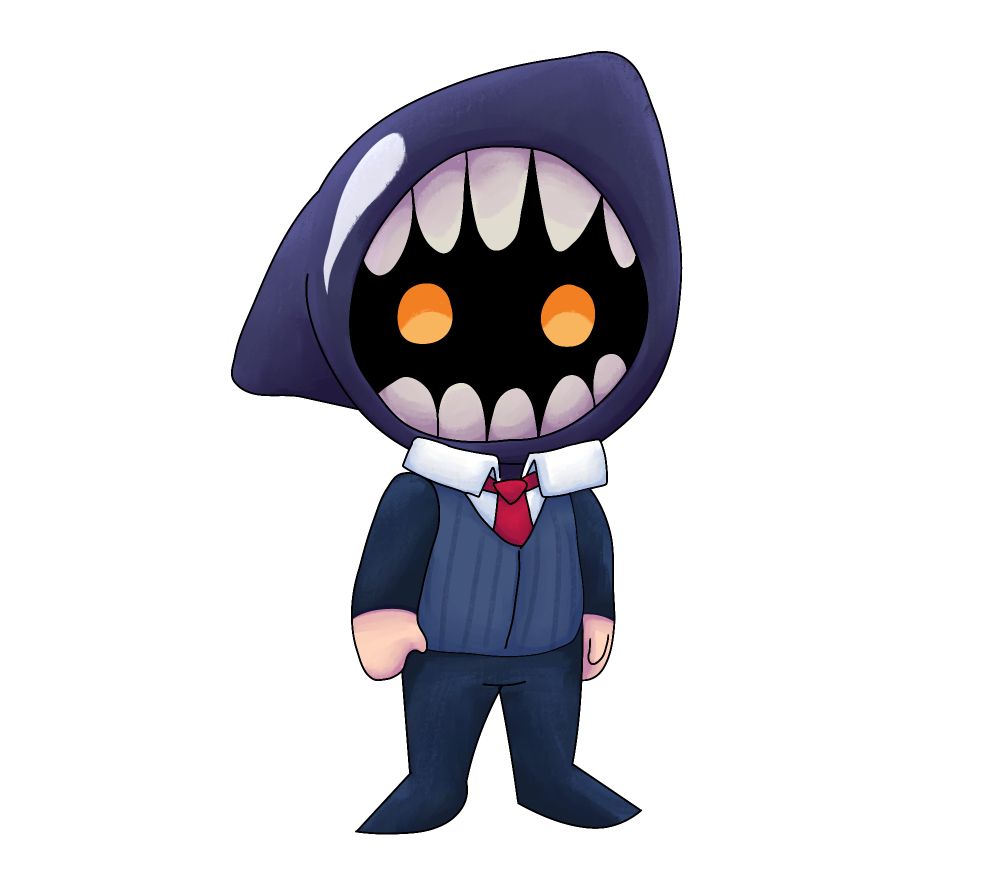Uma versão Chibi de um personagem, é alguém usando um terno e um capuz de orca.
