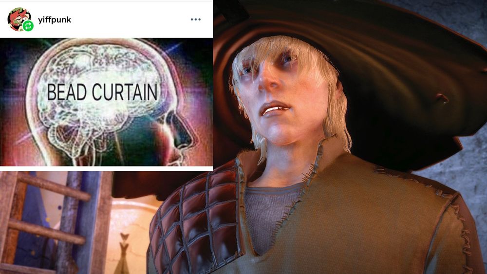 Cole from dragon age inquisition with a tumble post that says 'BEAD CURTAIN' over a stock image of a brain