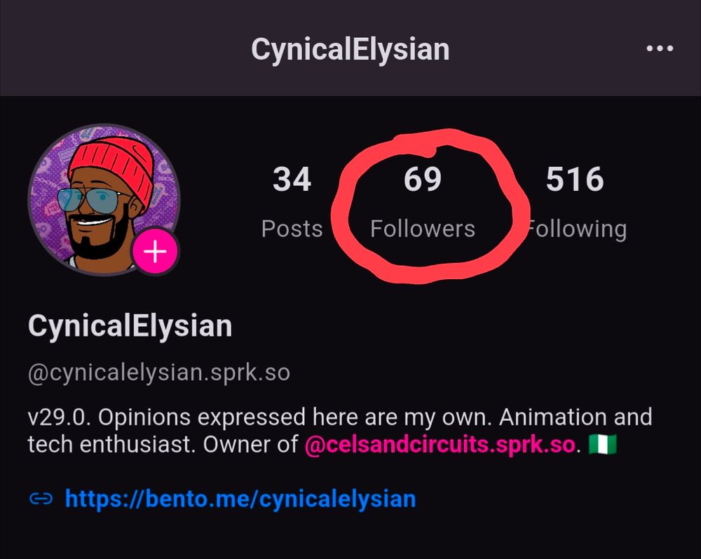 The profile page for @cynicalelysian.sprk.so, which shows that he has 34 posts, 69 followers, and is following 516 accounts