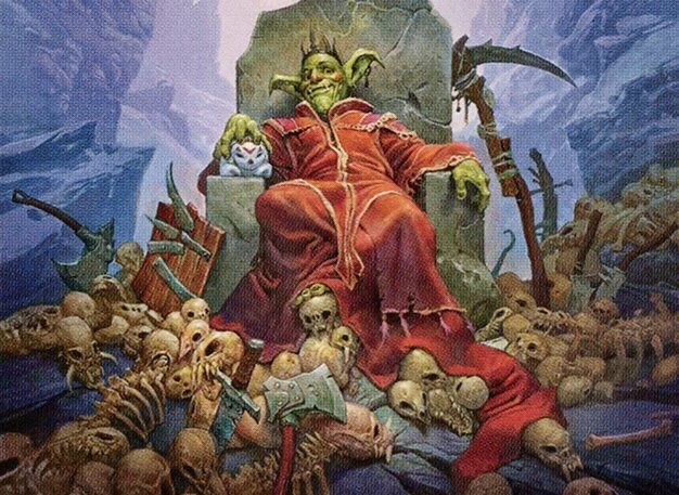 Art of the Magic the Gathering card "Squee, Dubious Monarch". A green goblin wearing a red robe and a crown, sits on a stone throne surrounded by skeletons and various weapons.