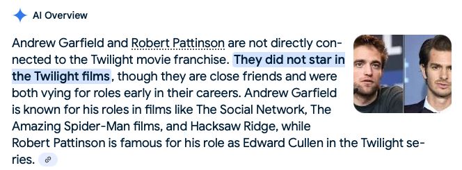 Screenshot of "AI overview" that says, "Andrew Garfield and Robert Pattinson are not directly connected to the Twilight movie franchise. They did not star in the Twilight films, though they are close friends and were both vying for roles early in their careers. Andrew Garfield is known for his roles in films like The Social Network, The Amazing Spider-Man films, and Hacksaw Ridge, while Robert Pattinson is famous for his role as Edward Cullen in the Twilight series."