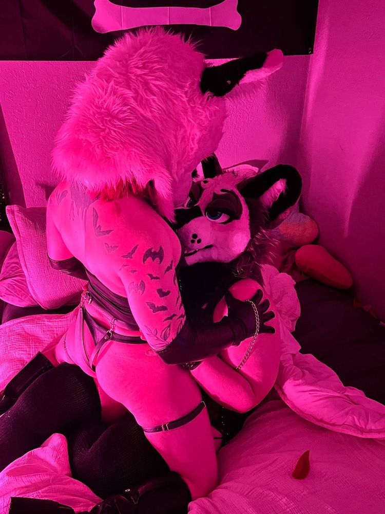 Aether is now straddling Devin's hips, looking down at the pup with lust. The leash is still in her hand, and she is holding the pup's shoulders preparing to push her back.