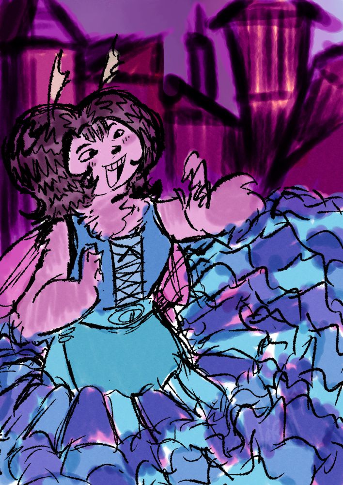 Moth person (they/them) in a big blue dress in a purple and pink world