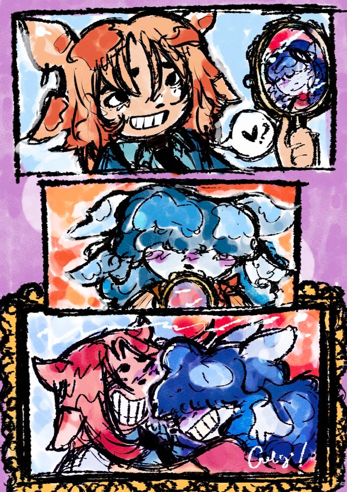 Soulmate Mirror AU comic staring my original characters, Crème Tribyrn (He/They) and Nymmphy Styxx (They/Fae).

Crème is a Shiba Inu and Australian Shepherd themed Zorb, a fictional species, with a primarily orange color palette but blue clothes.

Nymmphy or Nymm is an Australian Shepherd and Husky themed Zorb, with a primarily blue color palette but orange clothes.

Panel one: Crème holds up a mirror with a very clear image of Nymm shining through. They ask something lovingly. The background is a light blue.

Panel two: Nymmphy holds up a mirror with Crème’s colors, not as clear but definitely noticeable. They are blushing a warm purple. The background is orange.

Panel three: In the frame of a mirror, Nymm jumps into to hug Crème. The backgrounds begin to collide.